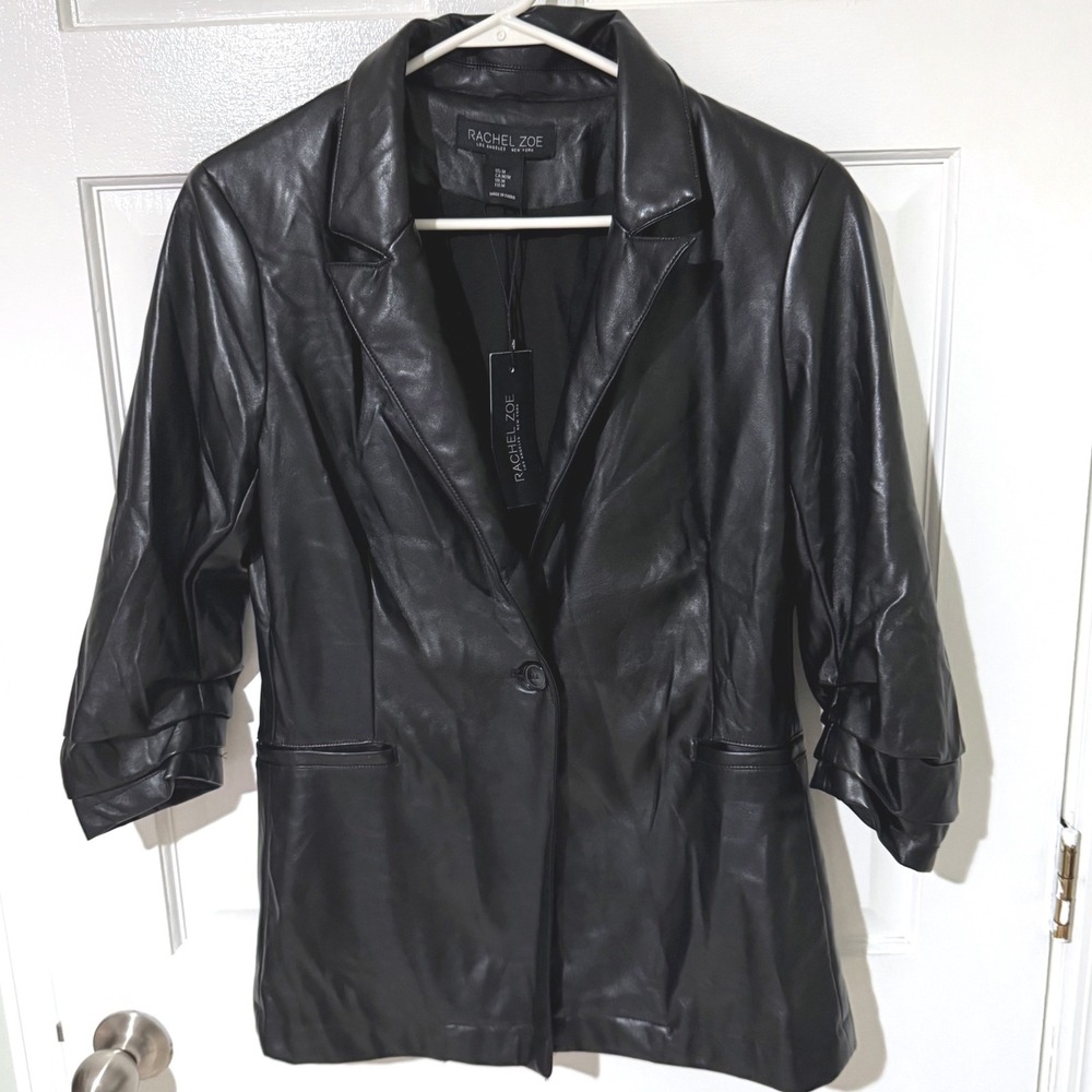 Rachel Zoe Black Faux Leather Ruched Sleeve One Button Blazer Jacket Womens M